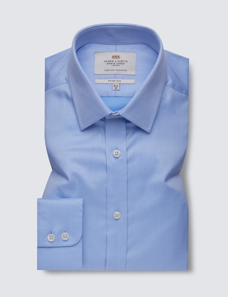 Men's Business Blue Pique Fitted Slim Shirt - Single Cuff - Easy Iron