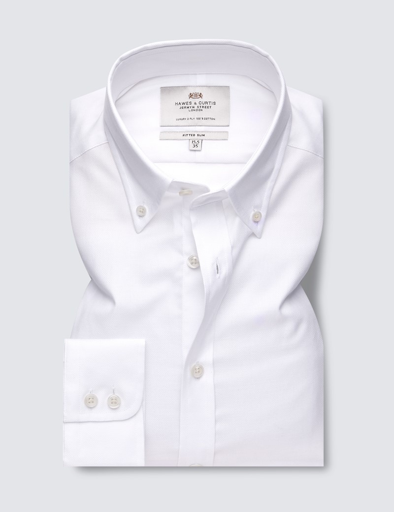 Easy Iron White Oxford Fitted Slim Shirt With Button Down Collar - Single Cuffs