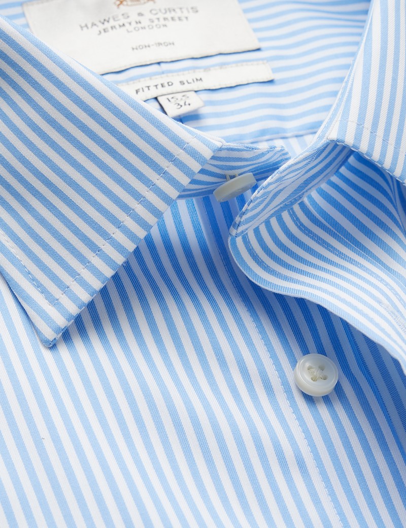 Men's Non-Iron Blue & White Bengal Stripe Fitted Slim Shirt - Single Cuffs