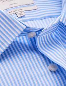 Non Iron Blue & White Bengal Stripe Fitted Slim Shirt - Single Cuffs