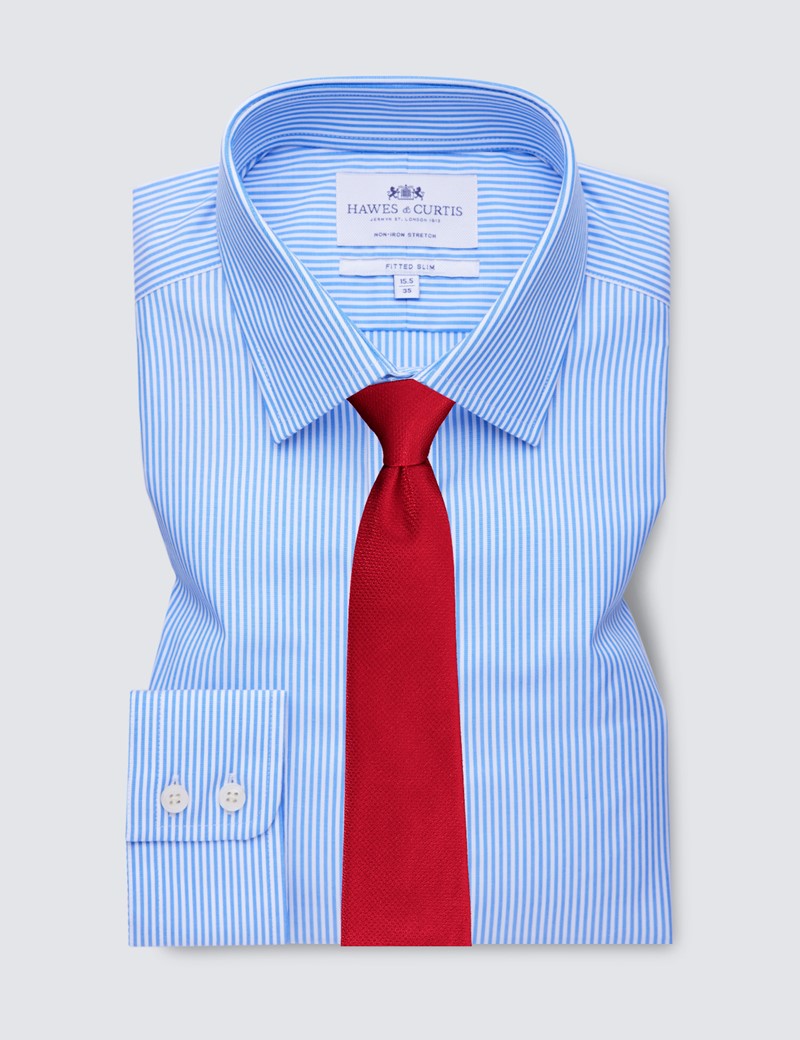 Men's Dress Blue & White Bengal Stripe Fitted Slim Single Cuff Shirt - Non Iron 