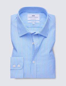 Men's Formal Blue & White Bengal Stripe Fitted Slim Single Cuff Shirt - Non Iron 