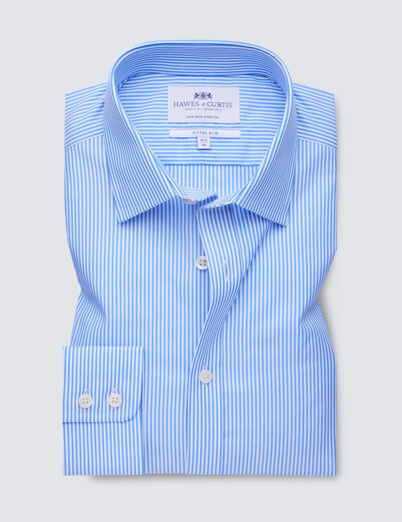 Men's Formal Blue & White Bengal Stripe Fitted Slim Single Cuff Shirt - Non Iron