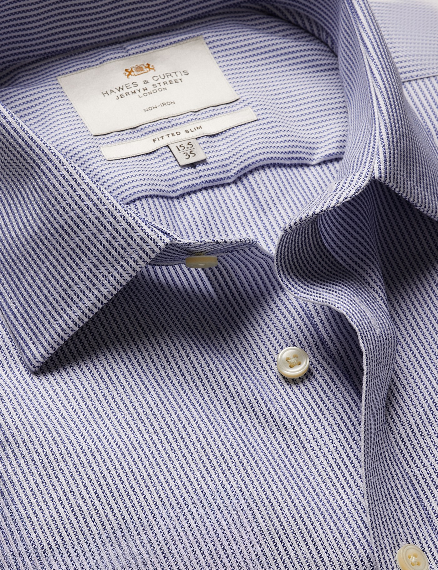& Fitted Slim Navy & Textured Stripe Non Iron Shirt 15.5" collar 34" sleeve