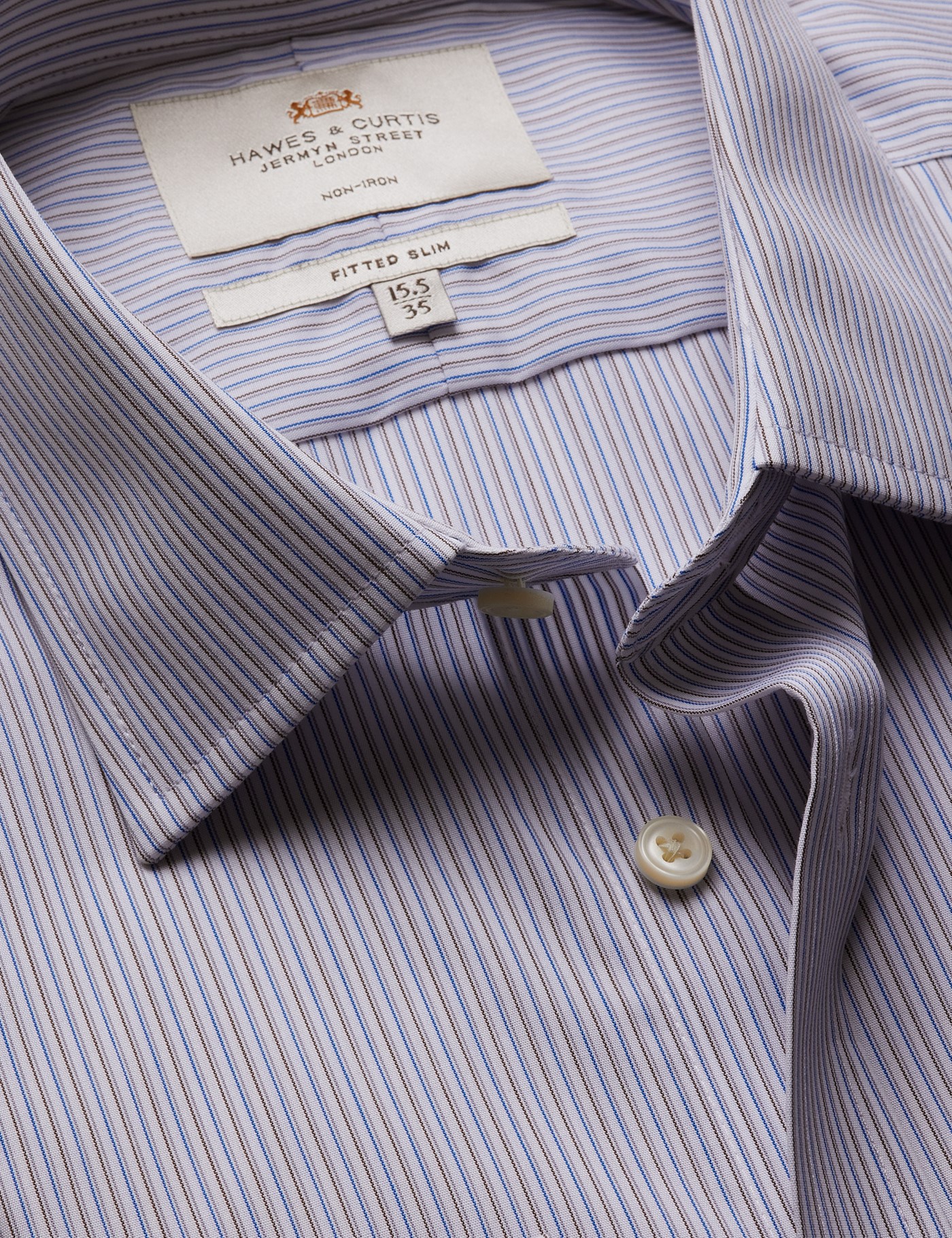 Hawes & Curtis Fitted Slim Brown & Blue Stripe Non-Iron Shirt Size: 15" collar, 33" sleeve