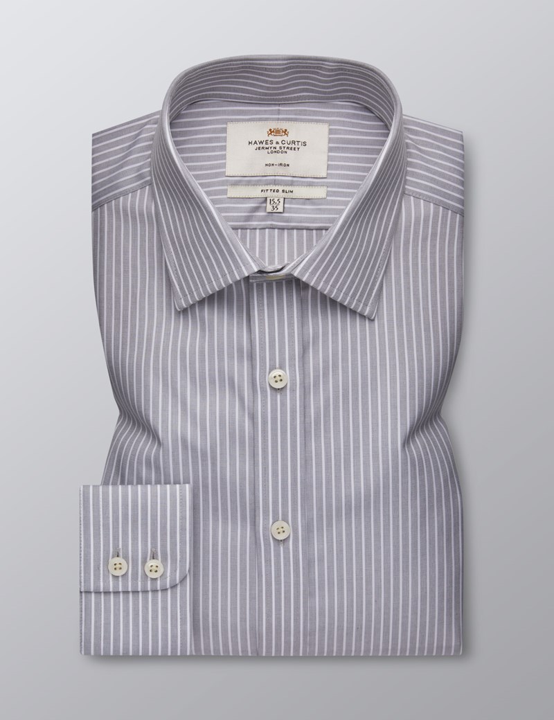 Men's Dress Grey & White Stripe Fitted Slim Shirt Single Cuff Non