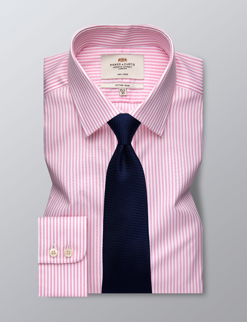 Men's Formal Pink & White Stripe Fitted Slim Shirt - Single Cuff - Non ...