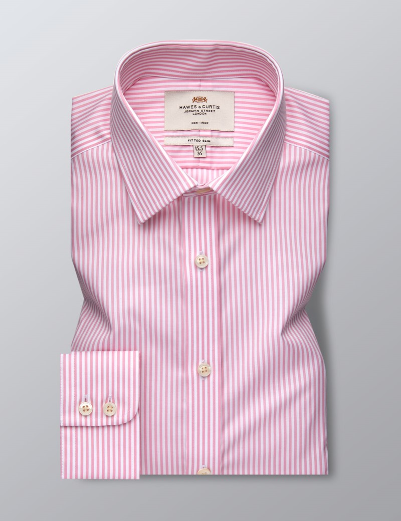 Men's Formal Pink & White Stripe Fitted Slim Shirt Single Cuff Non Iron Hawes & Curtis