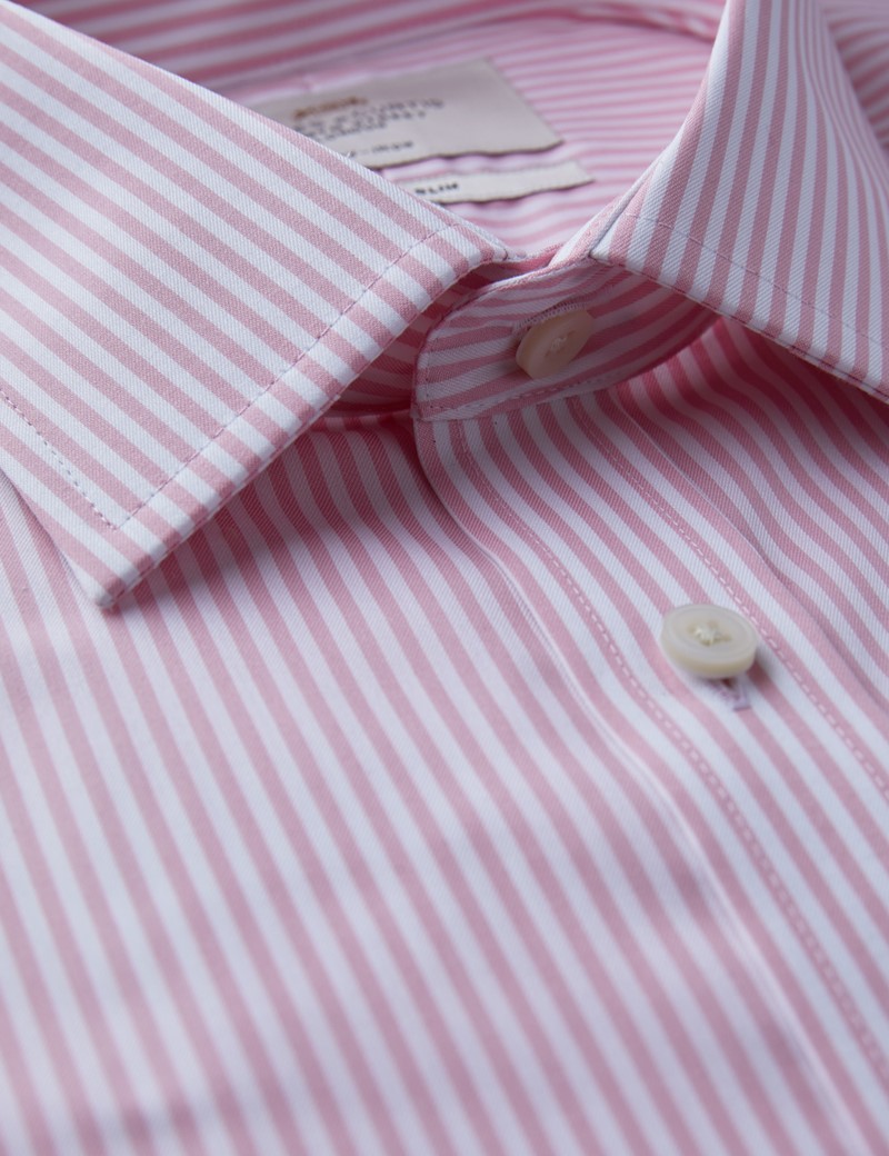 Men's Formal Pink & White Stripe Fitted Slim Shirt Single Cuff Non