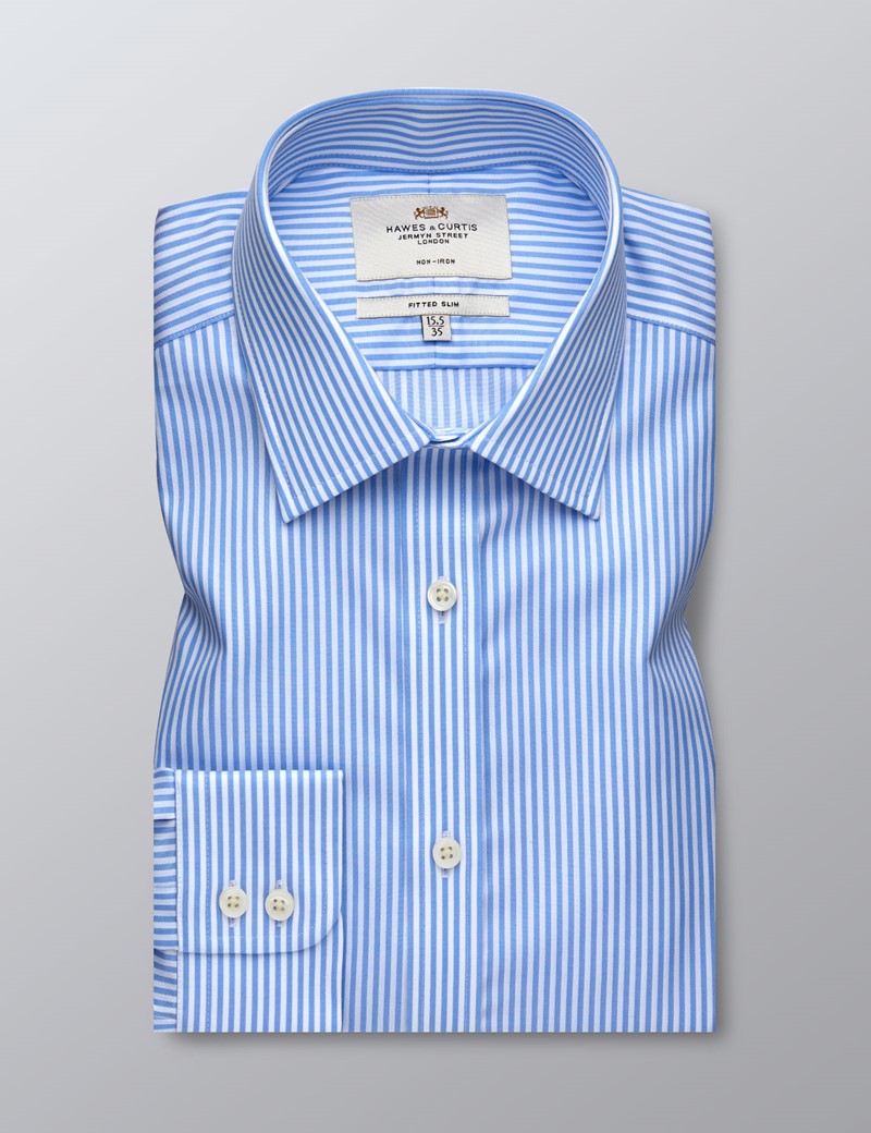 Mens Formal Blue And White Bengal Stripe Fitted Slim Shirt Single Cuff