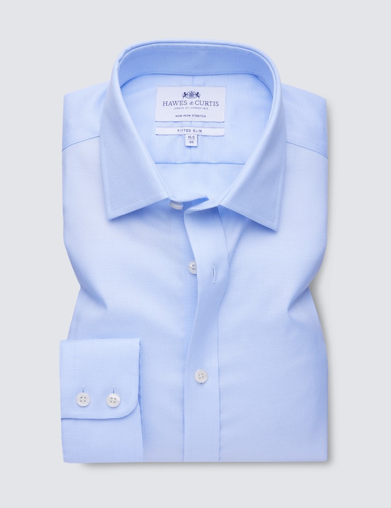 Men's Formal Blue Pique Fitted Slim Single Cuff Shirt - Non Iron