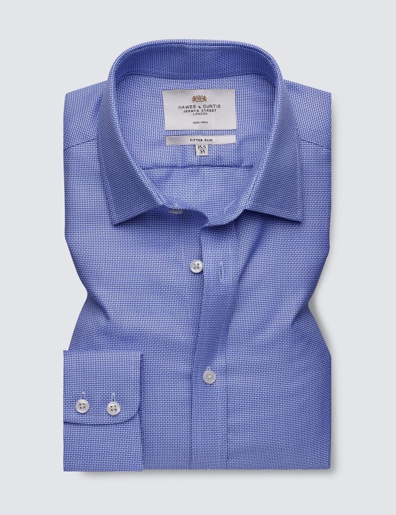Men's Formal Royal & White Dobby Fitted Slim Shirt - Single Cuff - Non Iron