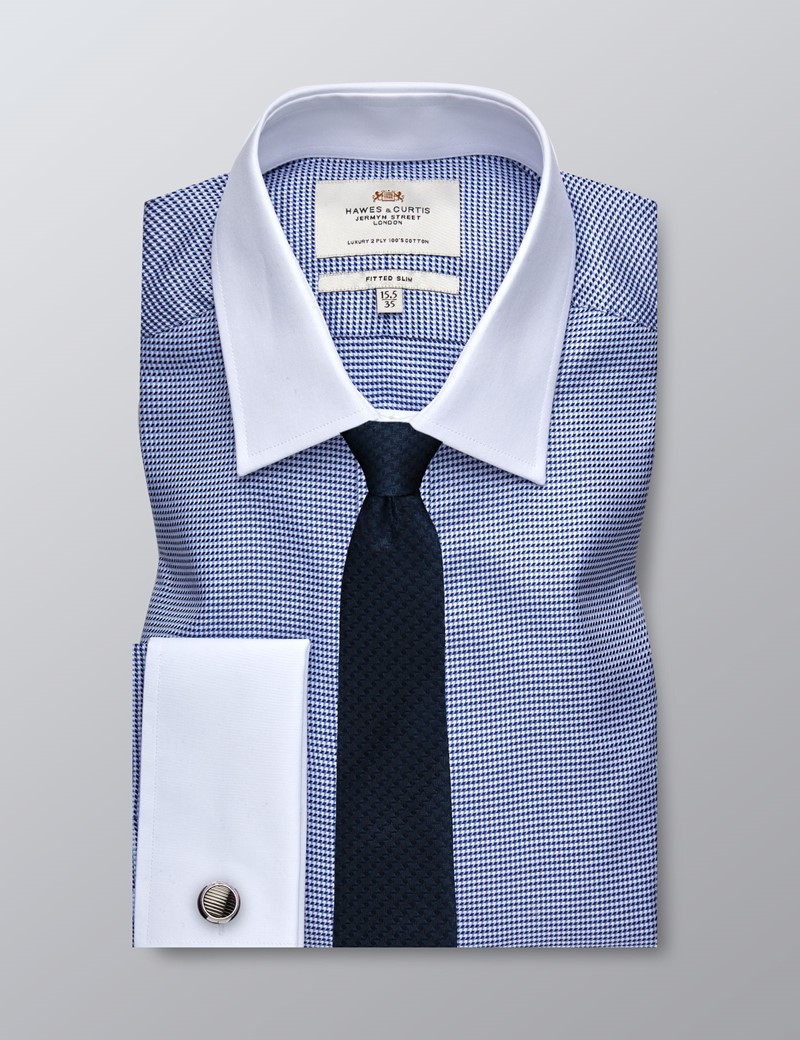 Men's Formal Navy & White Dobby Fitted Slim Shirt - Double Cuff - Easy ...