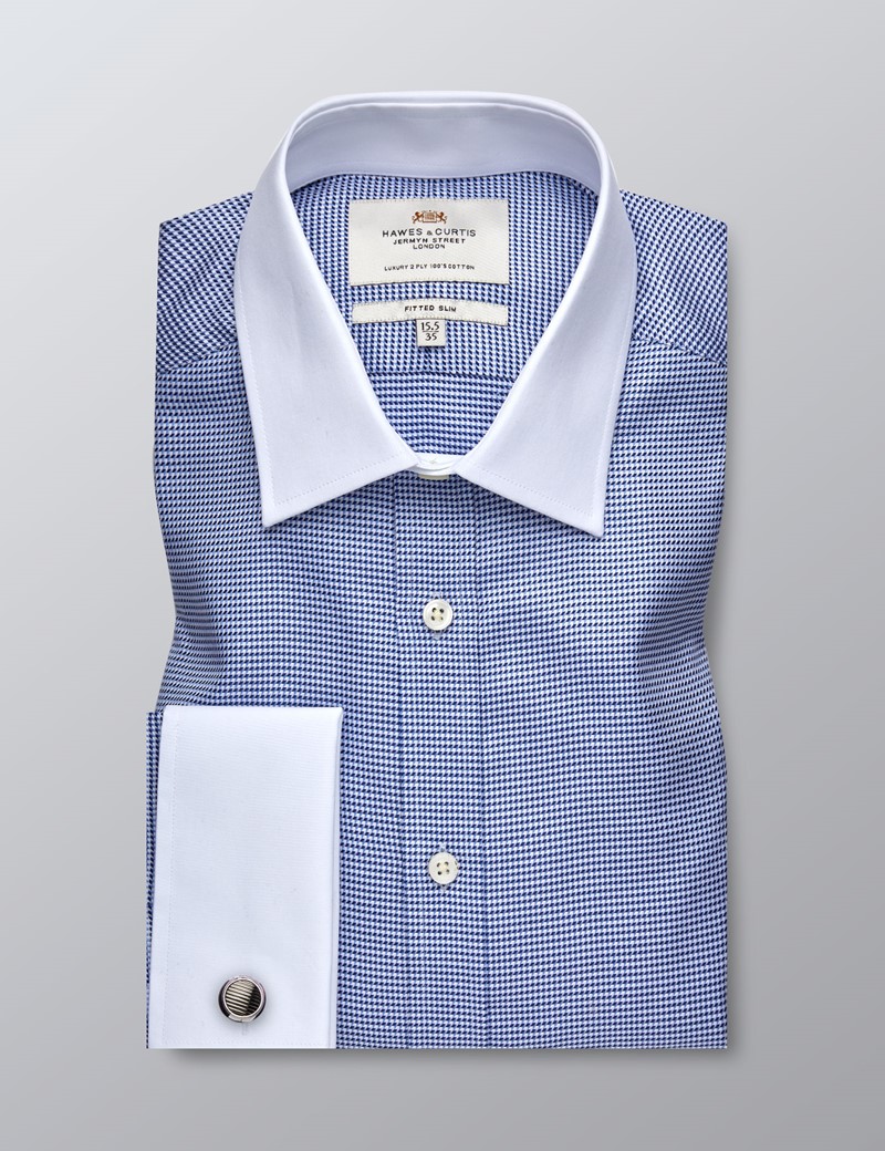 Men's Formal Navy & White Dobby Fitted Slim Shirt Double Cuff Easy