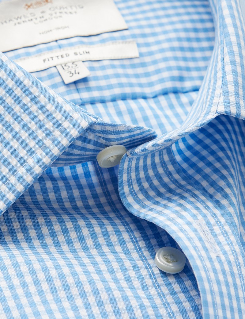 Non-Iron Blue & White Gingham Check Fitted Slim Shirt - Semi Cutaway ...