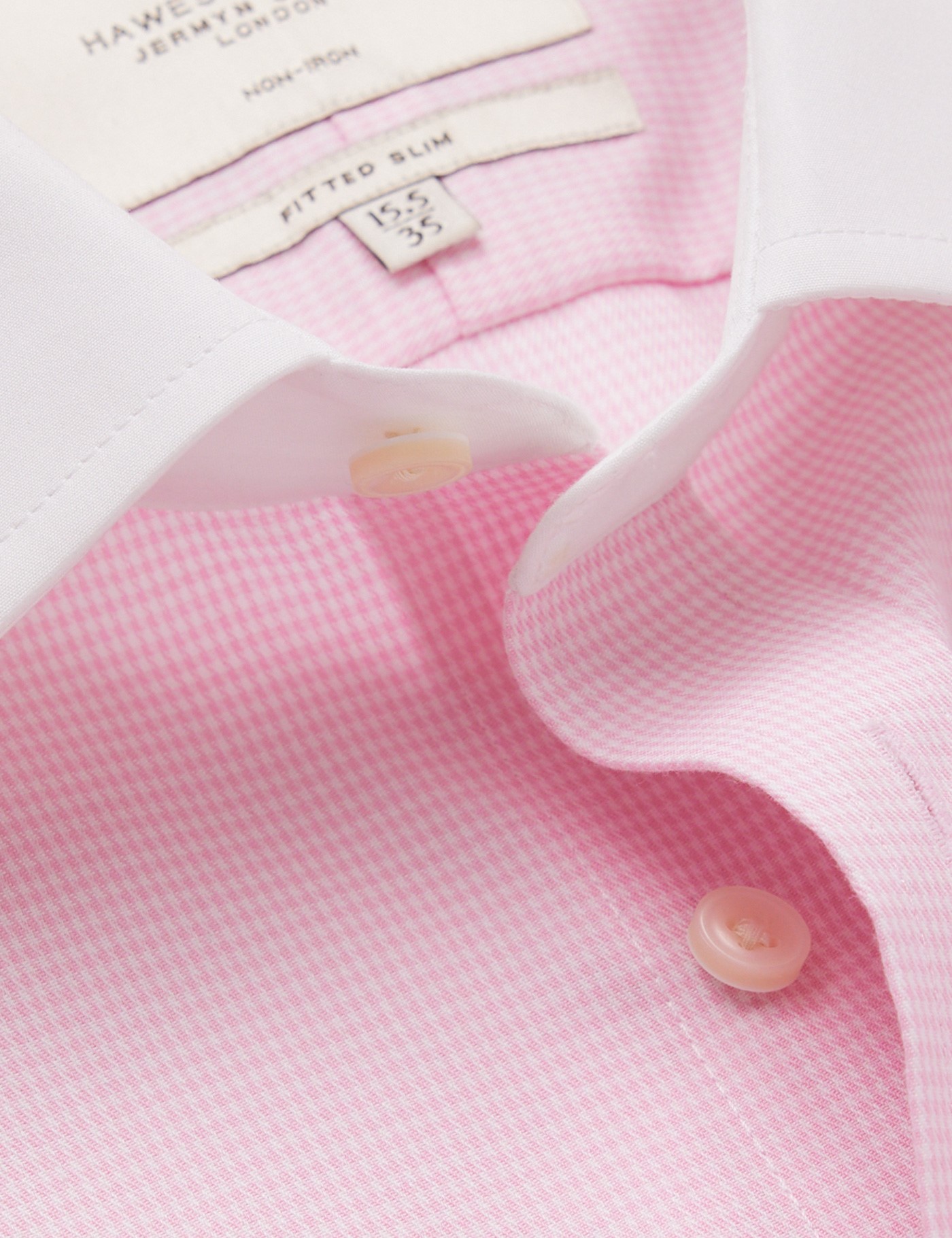 Hawes & Curtis Fitted Slim Pink & White Dogtooth Twill Non-Iron Shirt | Contrast Detail Size: 16.5" collar, 36" sleeve