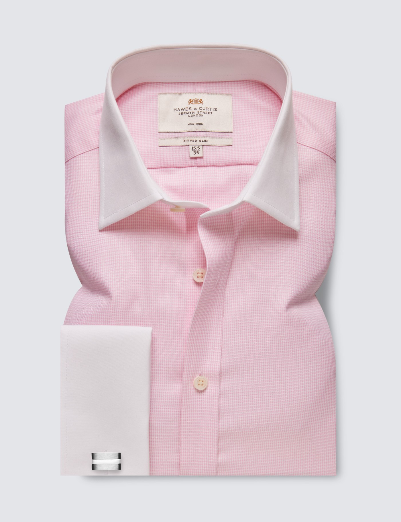 Non Iron Pink & White Dogtooth Fitted Slim Shirt With White Collar ...