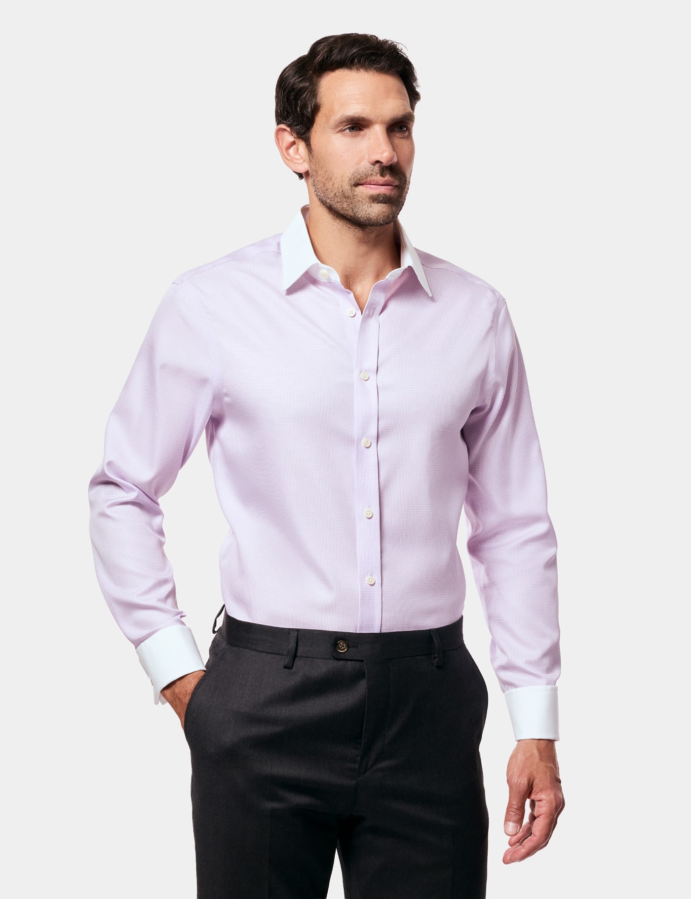 Hawes & Curtis Fitted Slim Lilac & White Dogtooth Twill Non-Iron Shirt | Contrast Detail Size: 15.5" collar, 36" sleeve