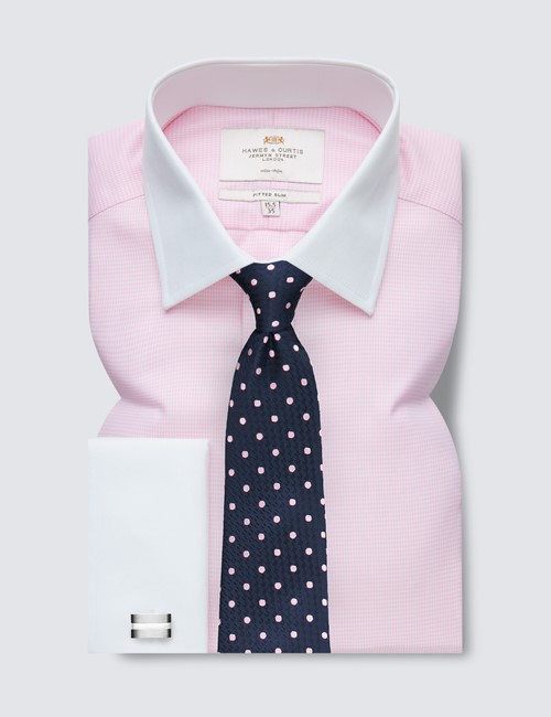 Non-Iron Pink & White Dogtooth Fitted Slim Shirt With White Collar and Cuffs