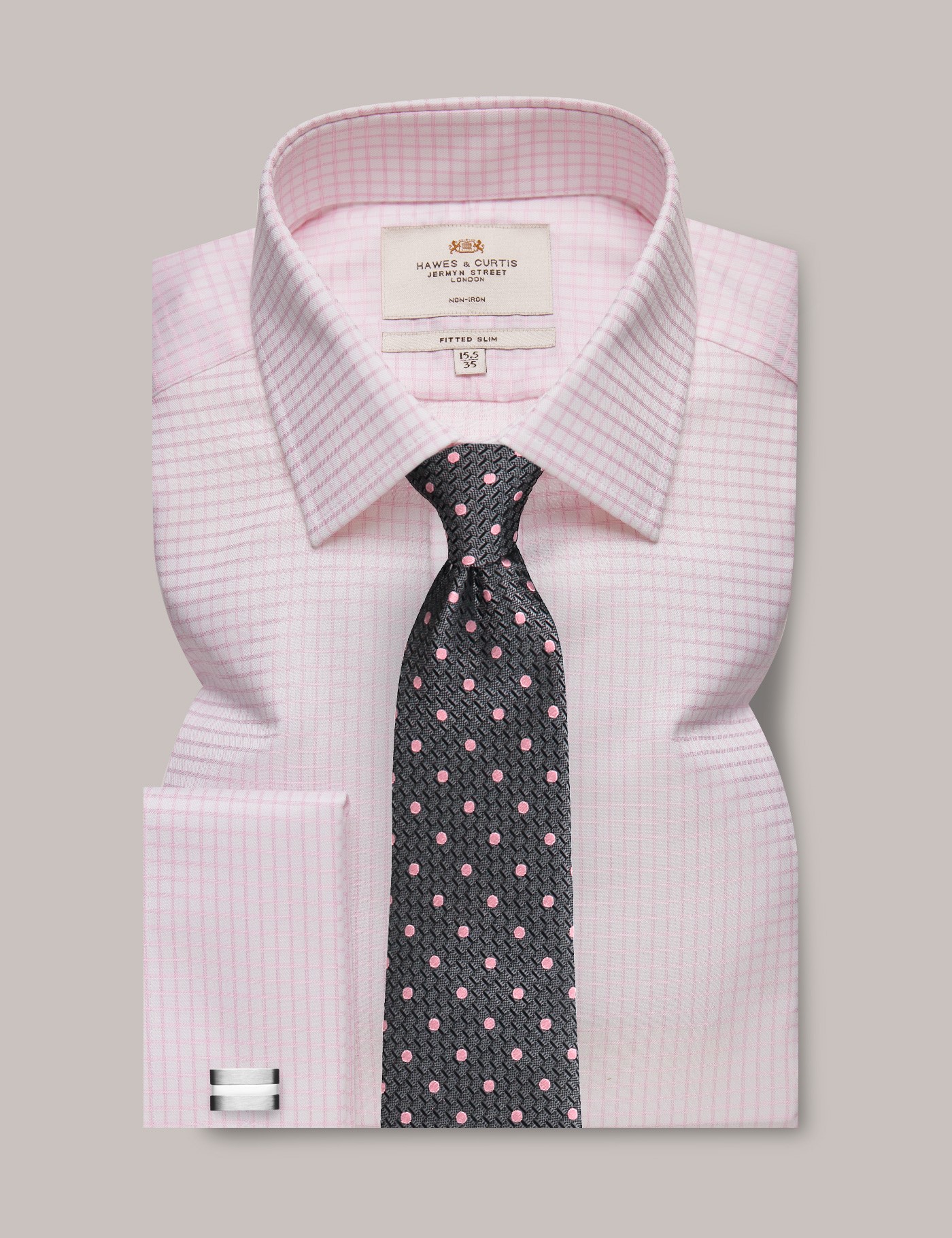 Men's Non-Iron Pink & White Medium Check Fitted Slim Shirt - Double Cuff