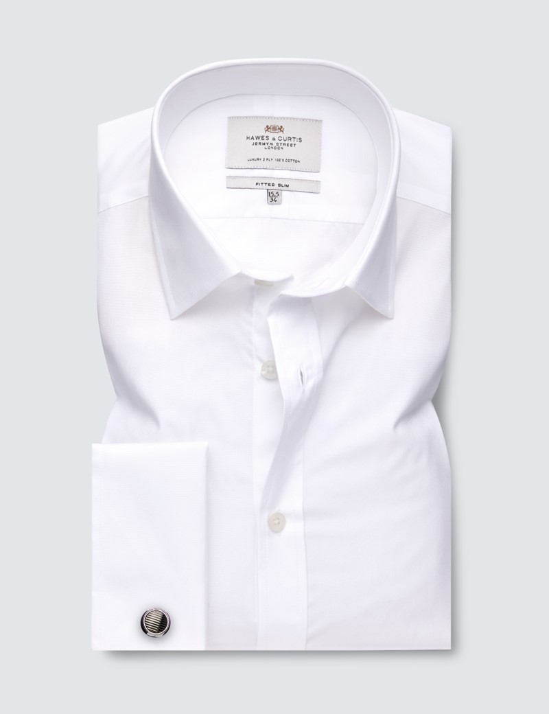 Easy Iron White Poplin Fitted Slim Shirt With Semi Cutaway Collar - Double Cuffs 