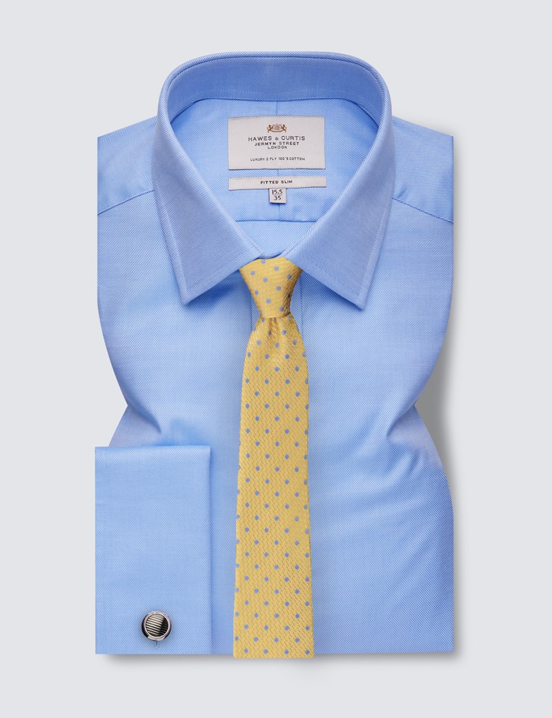 Easy Iron Blue Twill Fitted Slim Shirt - Double Cuffs