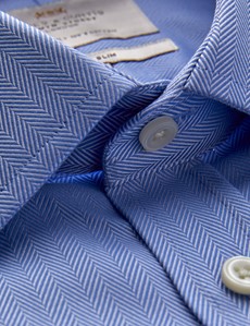Men's Formal Blue Herringbone Fitted Slim Shirt - Double Cuffs