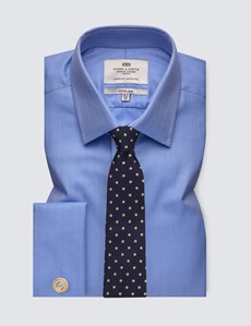 Men's Formal Blue Herringbone Fitted Slim Shirt - Double Cuffs