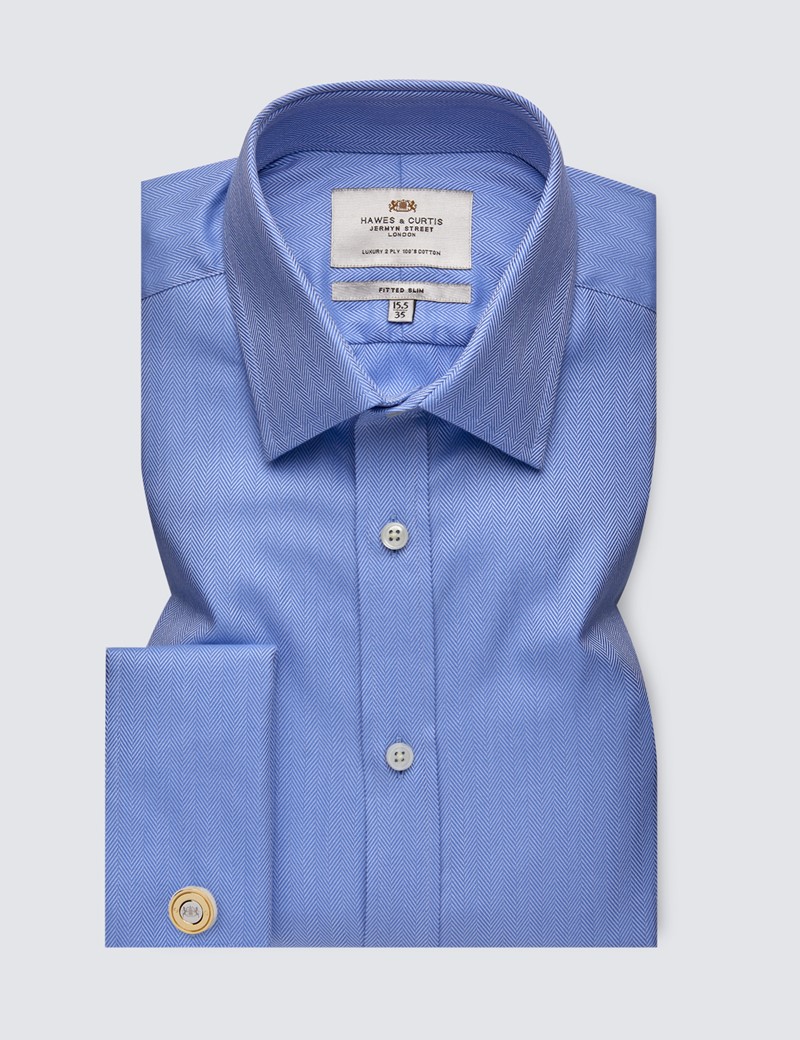 Men's Formal Blue Herringbone Fitted Slim Shirt - Double Cuff - Easy Iron
