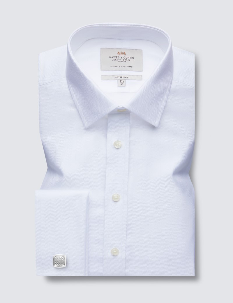 Easy Iron White Herringbone Fitted Slim Shirt With Semi Cutaway - Double Cuffs