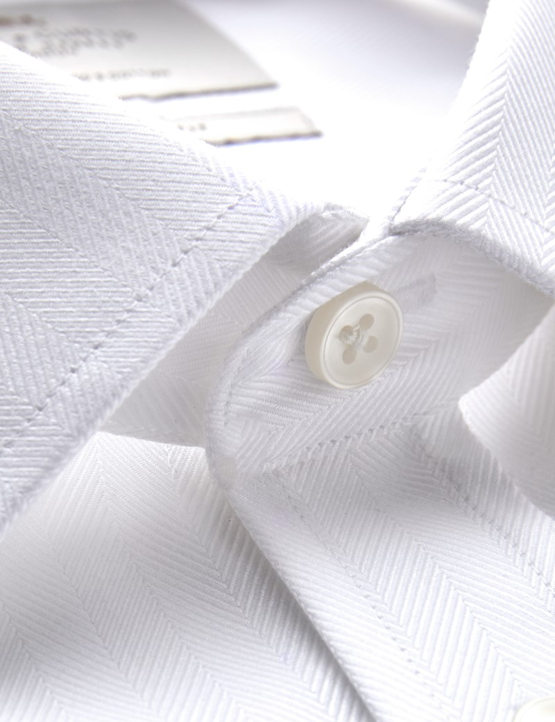 Easy Iron White Herringbone Fitted Slim Shirt With Semi Cutaway - Double Cuffs