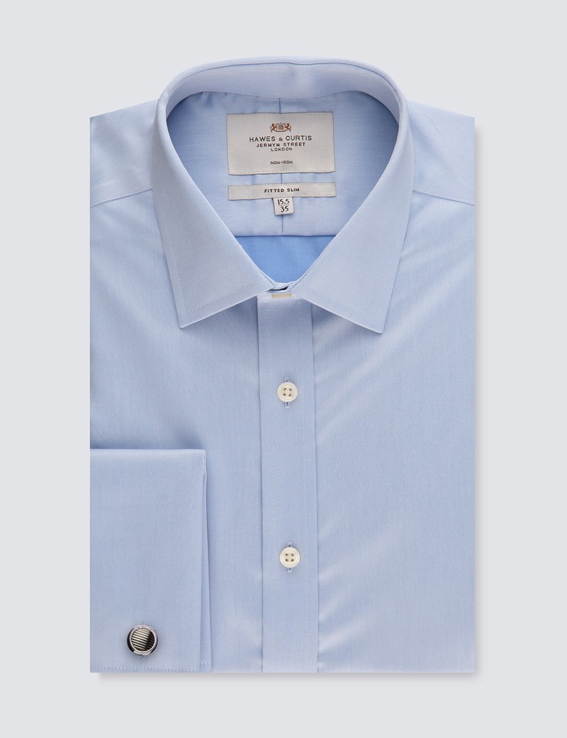 Non Iron Men's Formal Twill Fitted Slim Shirt with Double Cuff in Blue ...