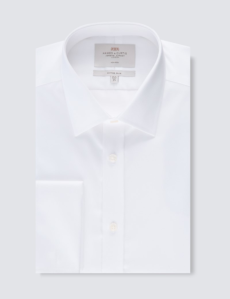 Men's Formal White Twill Fitted Slim Shirt - Double Cuff - Non Iron