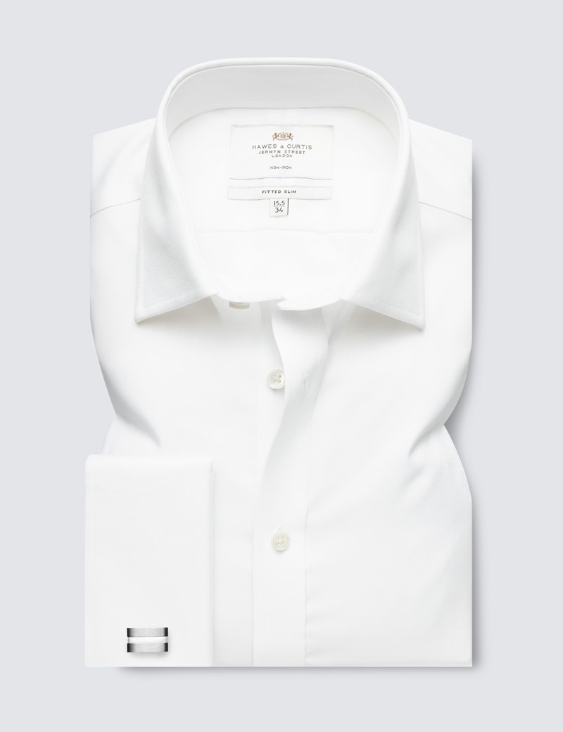 Non Iron Twill Fitted Slim Shirt In White - Double Cuffs | Hawes & Curtis