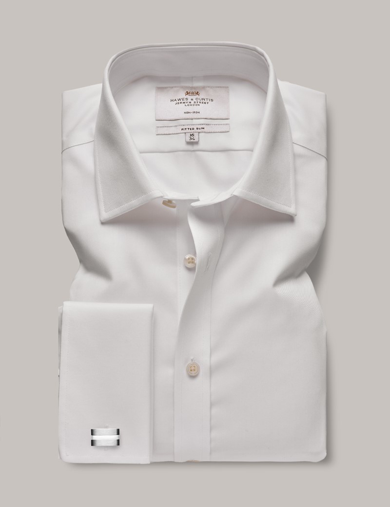Men's Non-Iron White Twill Fitted Slim Shirt - Double Cuff