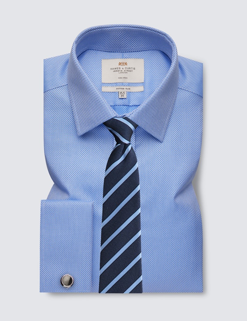 Non Iron Blue Fabric Interest Fitted Slim Shirt with Semi Cutaway Collar - Double Cuffs