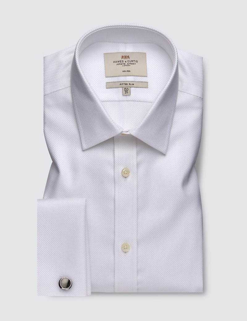 Men's Formal White Fabric Interest Fitted Slim Shirt with Semi Cutaway Collar and Double Cuff - Non Iron