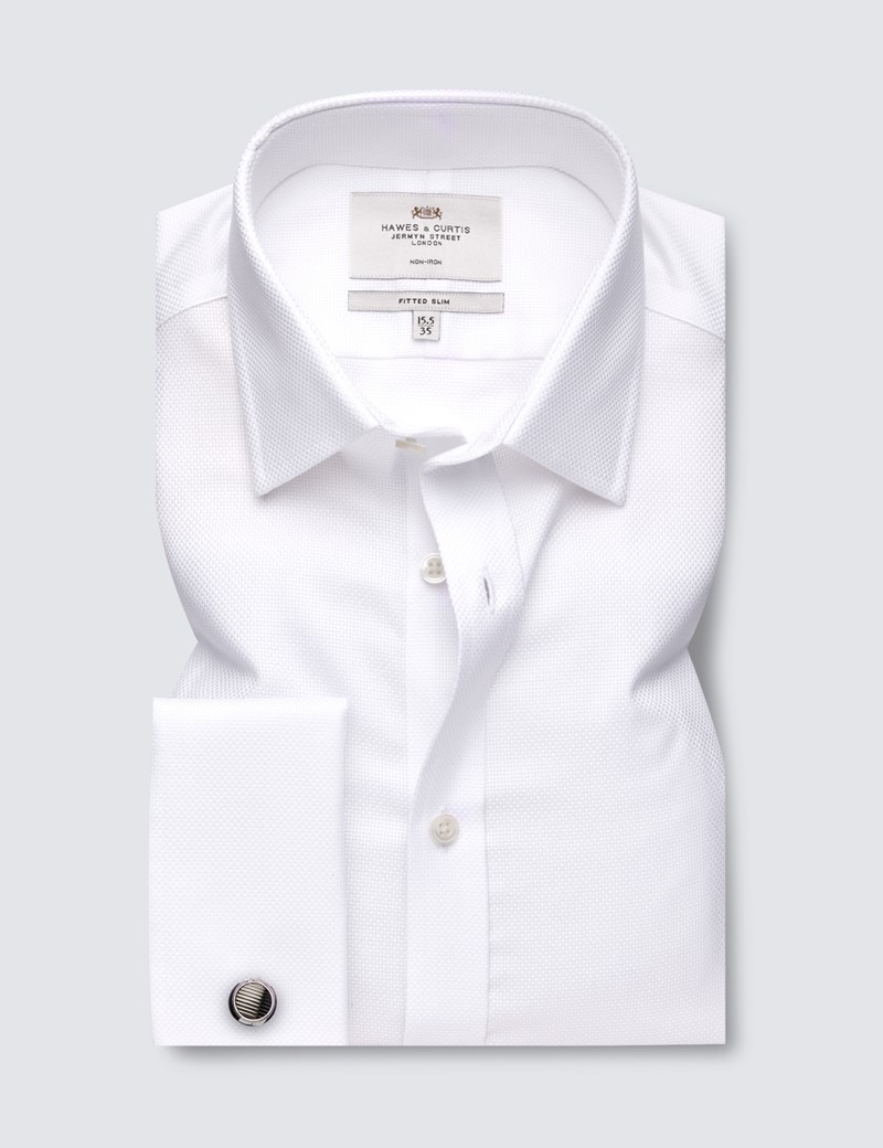 Men's Formal White Fabric Interest Fitted Slim Shirt with Semi Cutaway Collar and Double Cuff - Non Iron