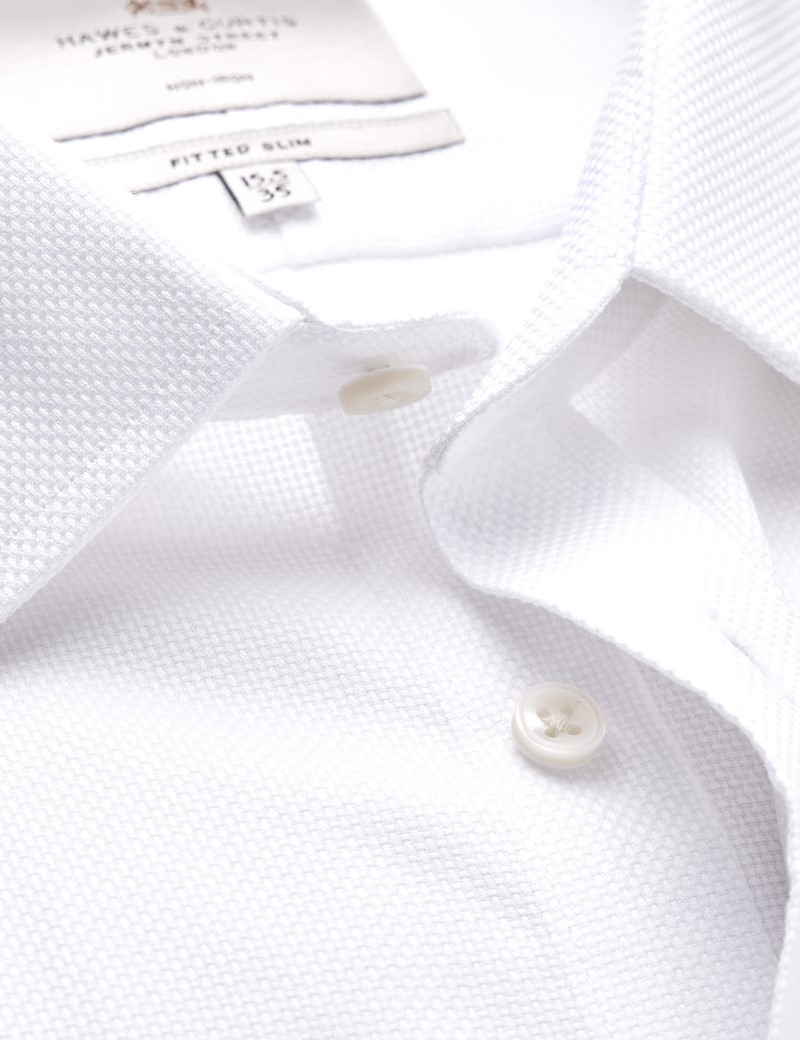 Men's Dress White Fabric Interest Fitted Slim Shirt With Semi Cutaway Collar and French Cuff - Non Iron