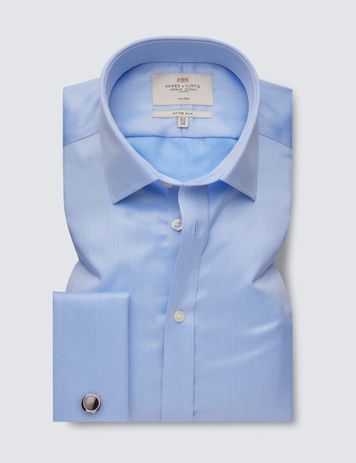 Non Iron Blue Pique Fitted Slim Shirt With Semi Cutaway Collar - Double Cuffs