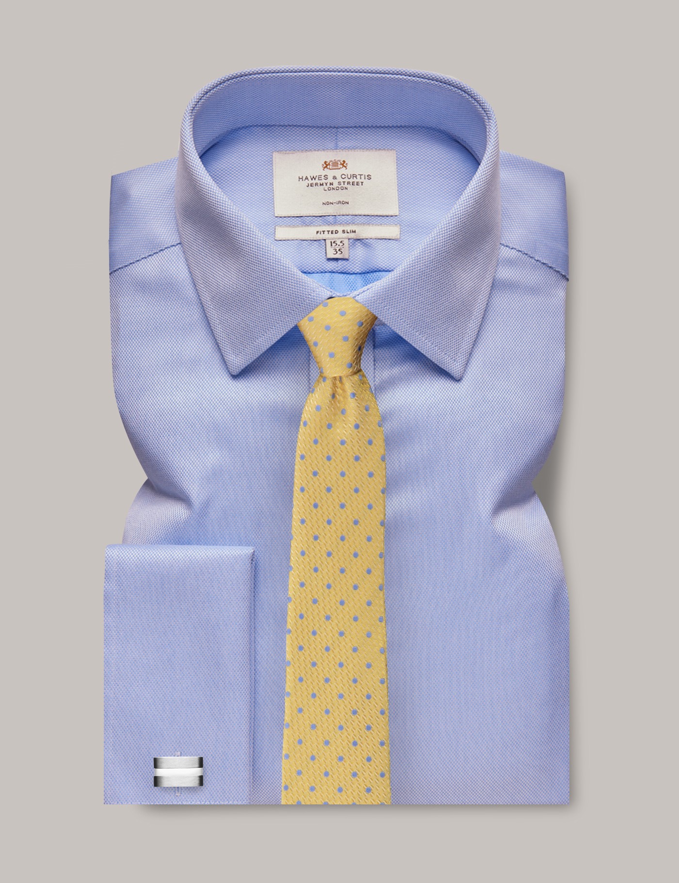 Men's Non-Iron Blue Pique Fitted Slim Shirt - Double Cuff