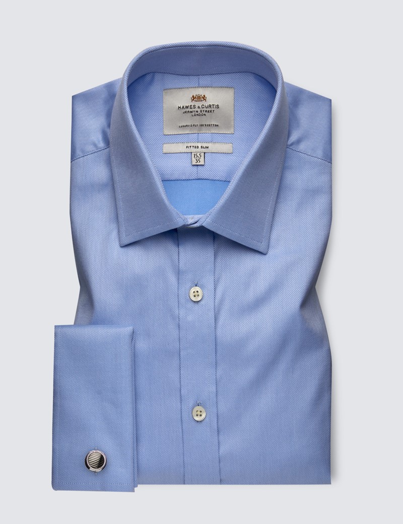 Men's Formal Blue Fitted Slim Shirt with Semi Cutaway Collar and Double Cuff - Easy Iron