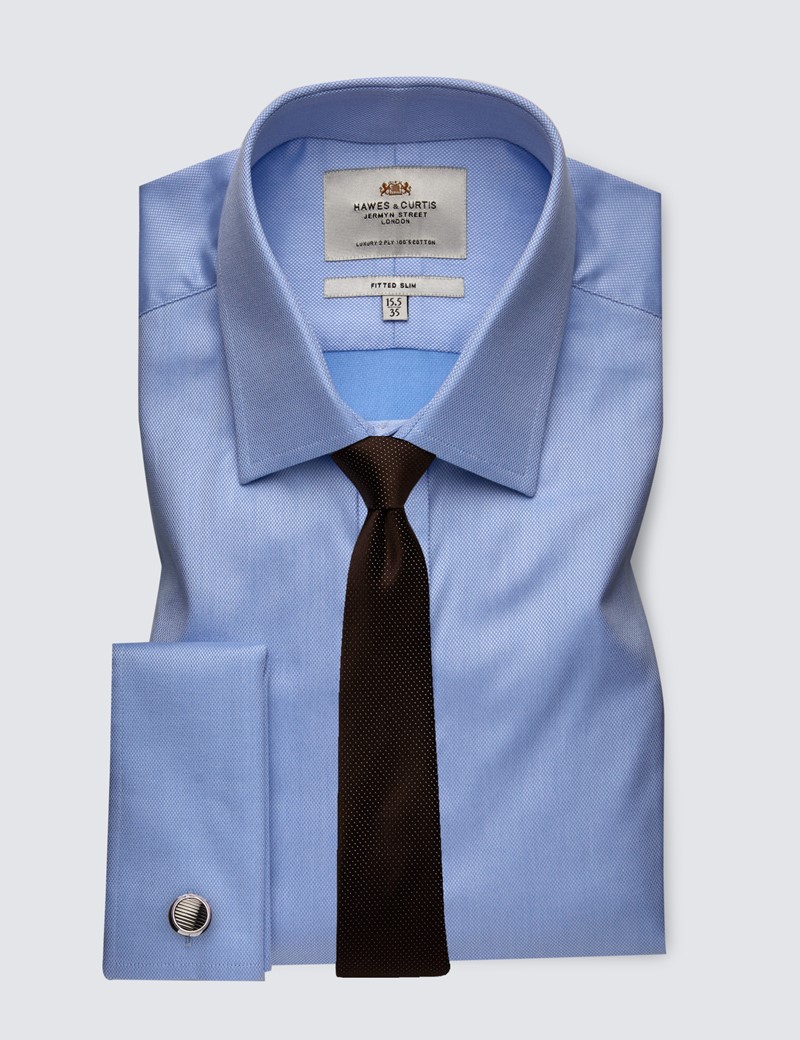 Men's Formal Blue Fitted Slim Shirt with Semi Cutaway Collar and Double Cuff - Easy Iron
