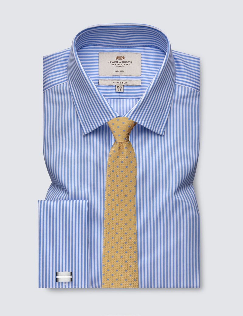 Non Iron Blue & White Stripe Fitted Slim Shirt With Semi Cutaway Collar - Double Cuffs 