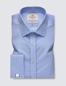 Non Iron Blue & White Stripe Fitted Slim Shirt With Semi Cutaway Collar - Double Cuffs 