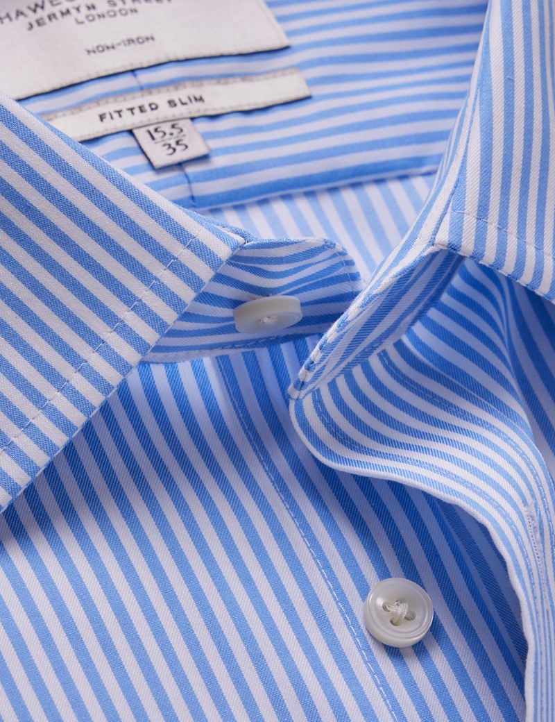 Men's Non-Iron Blue & White Stripe Fitted Slim Shirt - Double Cuff