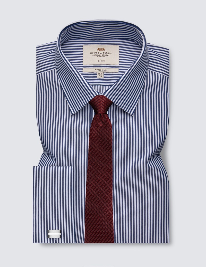 Men's Formal Navy & White Stripe Fitted Slim Shirt - Double Cuff - Non Iron