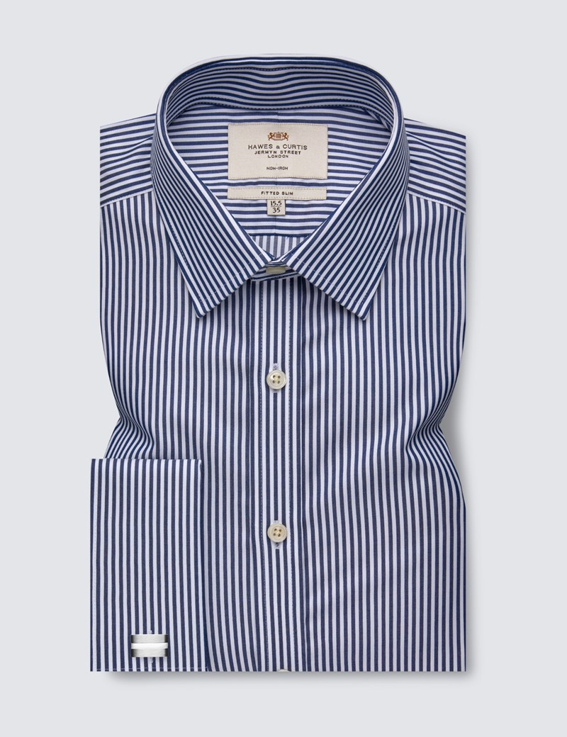 Men's Dress Navy & White Stripe Fitted Slim Shirt - French Cuff - Non Iron