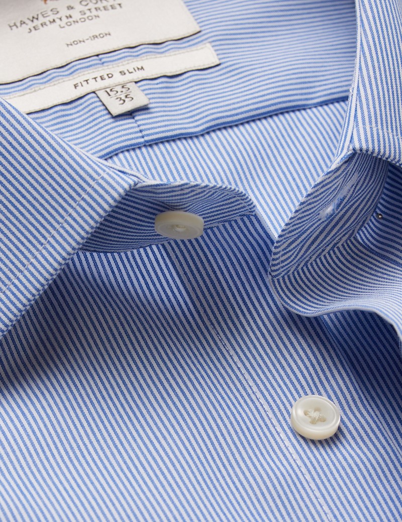 Men's Non Iron Blue & White Fine Stripe Fitted Slim Shirt - Double Cuffs