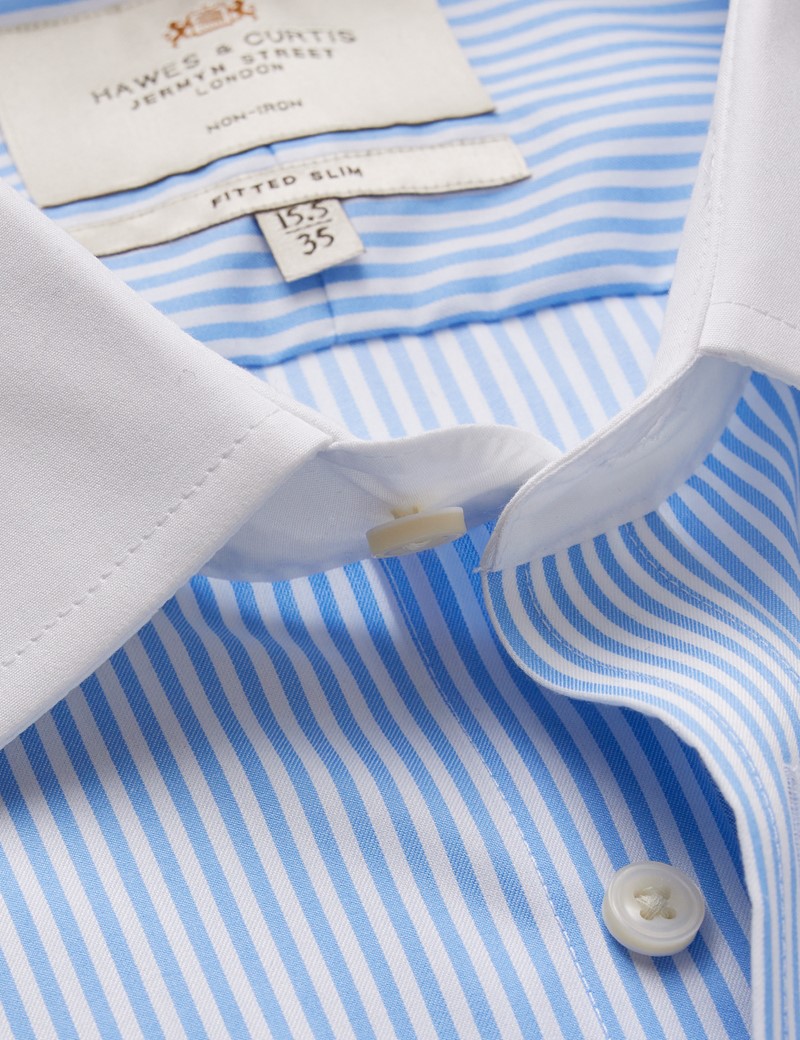 Non-Iron Blue & White Bengal Stripe Fitted Slim Shirt With White Collar ...